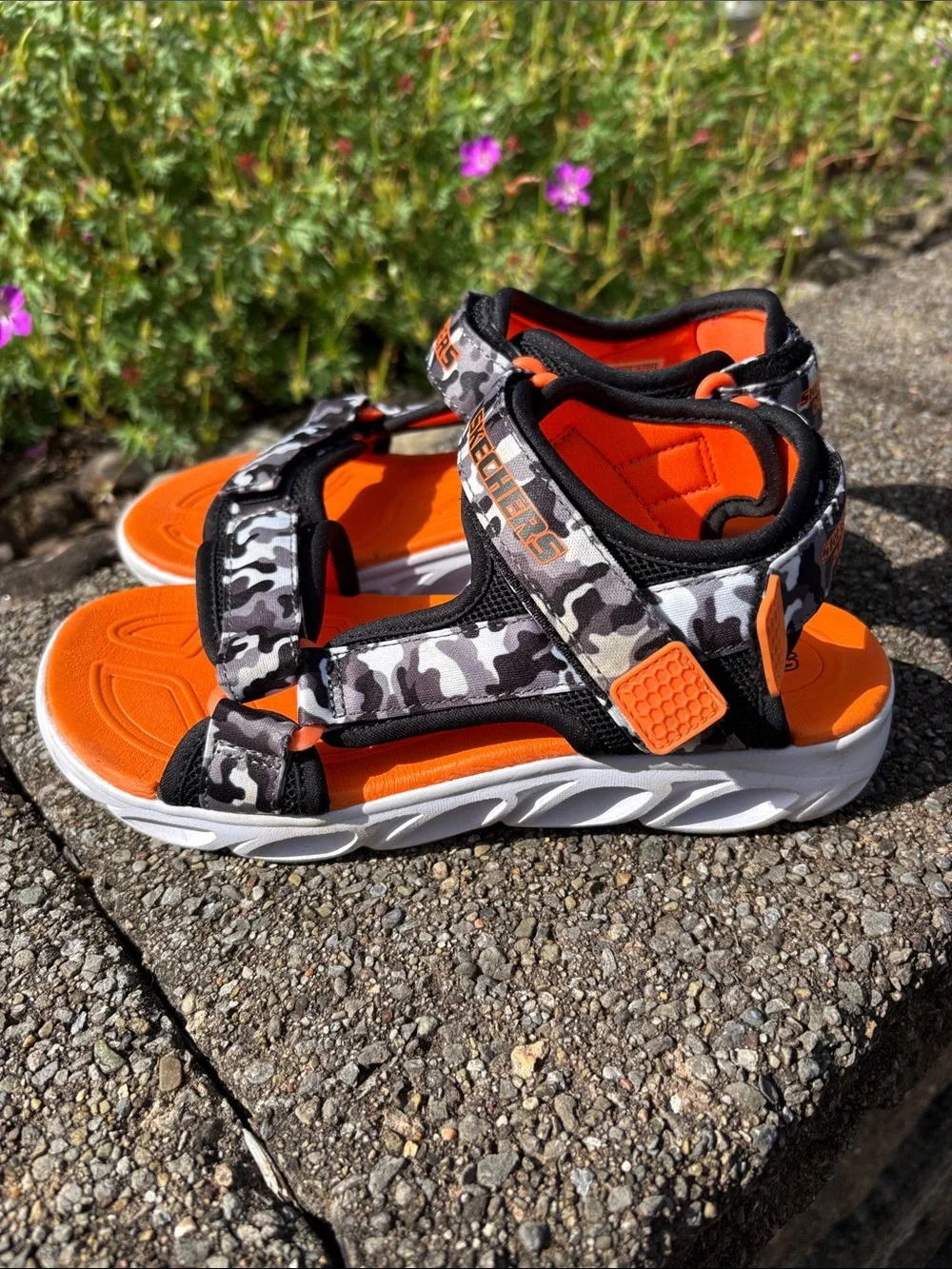 Sketchers S Lights Hypno-splash Orange Camo Boys Sandals Size 3